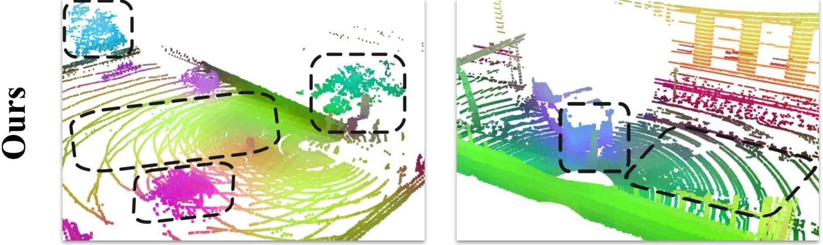 Vernata (ours): PCA of point features on GrandTour and TartanGround scenes, with sharp separation between classes and colors that stay consistent across the scan's range-dependent density.